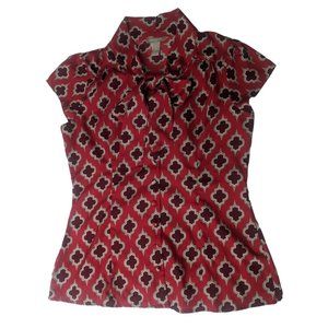 Banana Republic Red Button Up Blouse Tie Front WSize 10 Silk Like Feel Geometric